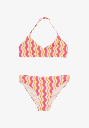 Bikini deux pièces avec des rayures ondulées rose, orange et blanc, composé d'un haut à col halter et d'un bas taille basse assorti.