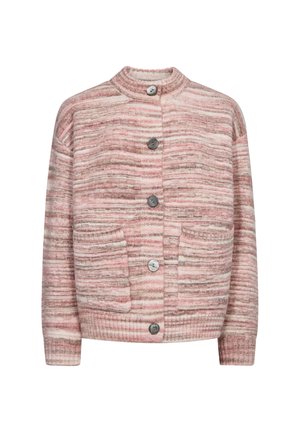 Roze en beige gestreepte cardigan met een ronde kraag, vijf knopen sluiting en twee voorzakken. Ribbelboorden en zoom. Zachte textuur.