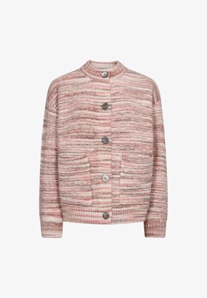 Roze en beige gestreepte cardigan met een ronde kraag, vijf knopen sluiting en twee voorzakken. Ribbelboorden en zoom. Zachte textuur.