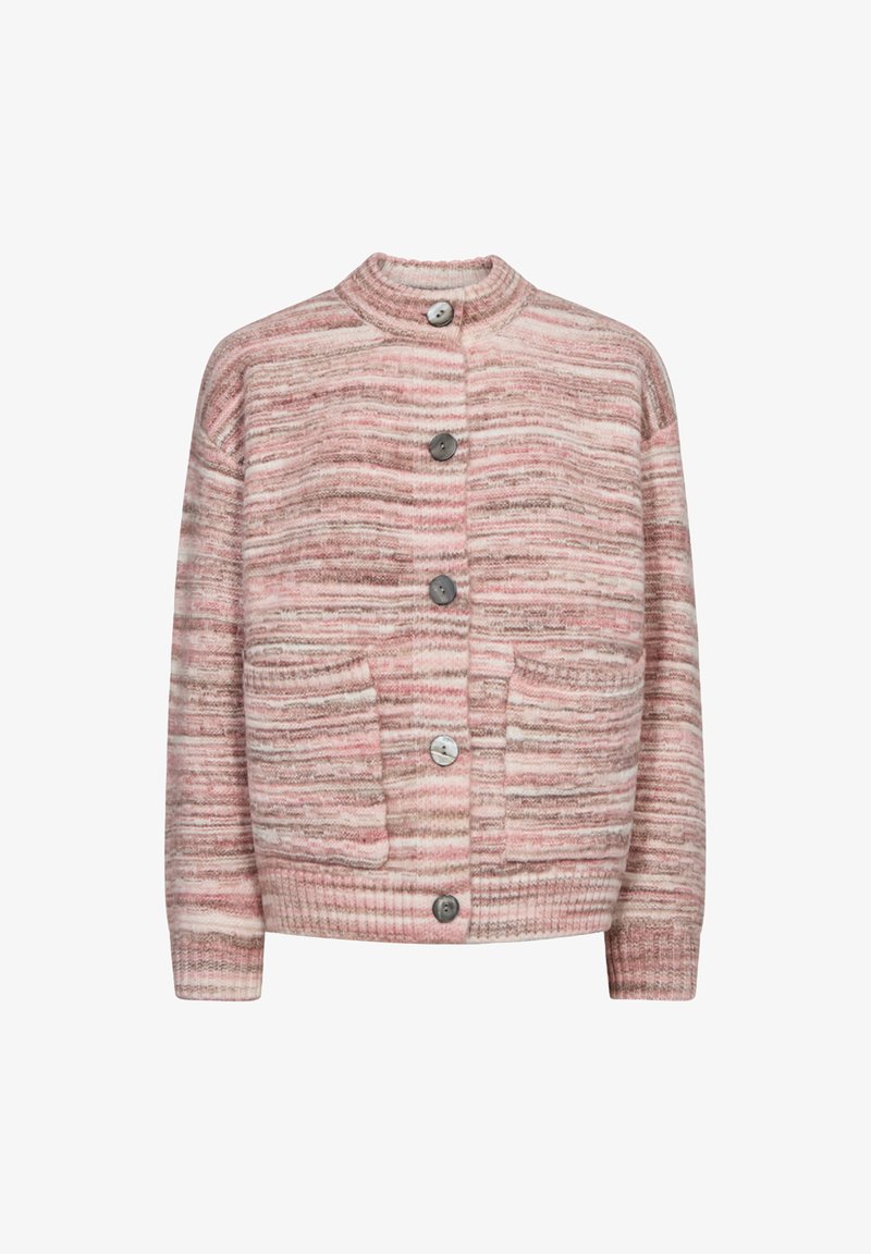 Roze en beige gestreepte cardigan met een ronde kraag, vijf knopen sluiting en twee voorzakken. Ribbelboorden en zoom. Zachte textuur.