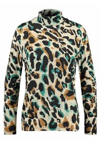 Pälsmönstrad polokrage i beige med svarta, bruna och tealfläckar. Långa ärmar och en strukturerad passform, tillverkad av mjukt tyg.