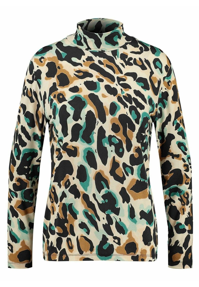 Pälsmönstrad polokrage i beige med svarta, bruna och tealfläckar. Långa ärmar och en strukturerad passform, tillverkad av mjukt tyg.