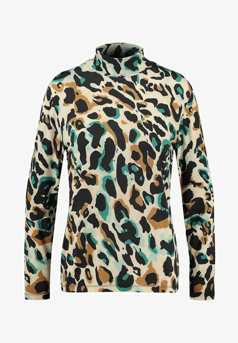 Beige leopardikuosi turtleneck-toppi, jossa on mustia, ruskeita ja teal-värisiä laikkuja. Pitkät hihat ja muotoiltu istuvuus, valmistettu pehmeästä kankaasta.