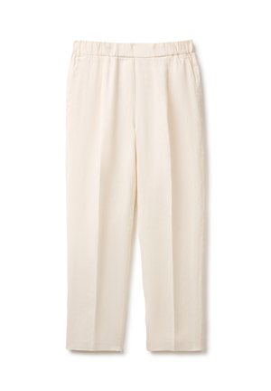 Pantaloni a gamba dritta color crema con vita elastica e tasche laterali, mostrati su uno sfondo bianco semplice.