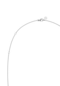 Srebrna ogrlica od lanca s ravnomjerno raspoređenim karikama i kopčom u obliku raka. Ima malu okruglu oznaku pričvršćenu blizu kopče.