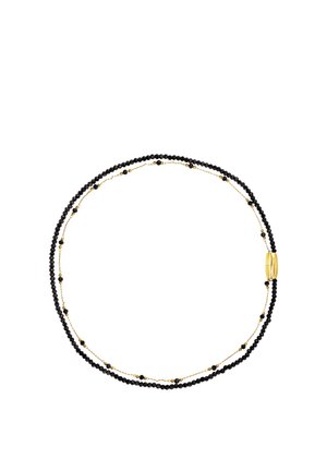 Czarny naszyjnik z koralików ze złotymi akcentami. Charakteryzuje się warstwowym wzorem z gładkich, okrągłych koralików o różnych rozmiarach oraz cylindrycznym zapięciem.