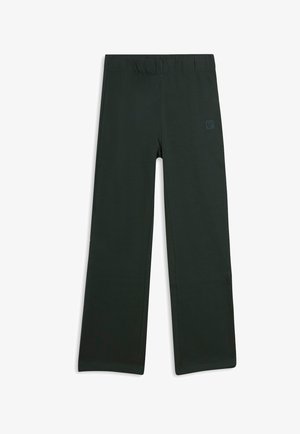 Pantalones verde oscuro de pierna recta con cintura elástica y un pequeño logo cuadrado en la parte superior del muslo.