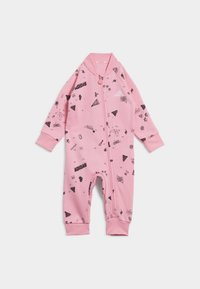 Pink cotton onesie with black graphic patterns, front zipper, long sleeves, and ribbed cuffs. Features Adidas branding and various playful designs.