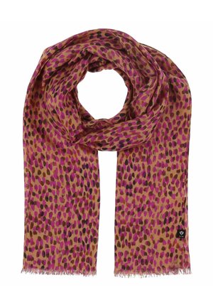 Blødt stof tørklæde med brune, lyserøde og sorte leopardlignende pletter, løst samlet med frynser på kanterne og et lille sort mærke.