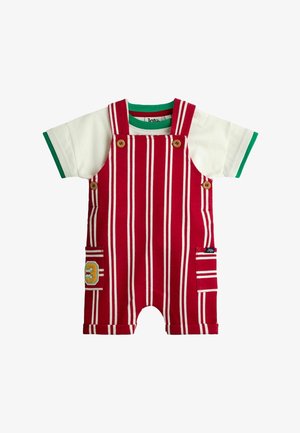 Raudonai baltomis juostelėmis margintos kūdikio kelnytės su mediniais mygtukais, derinamos su baltu trumpomis rankovėmis marškinėliu su žalia apykaklės ir rankovių apdaila.