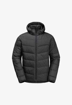 Schwarze Steppjacke mit Kapuze, ausgestattet mit einem gesteppte Design, frontalem Reißverschluss und elastischen Bündchen. Leichtes und isoliertes Material.