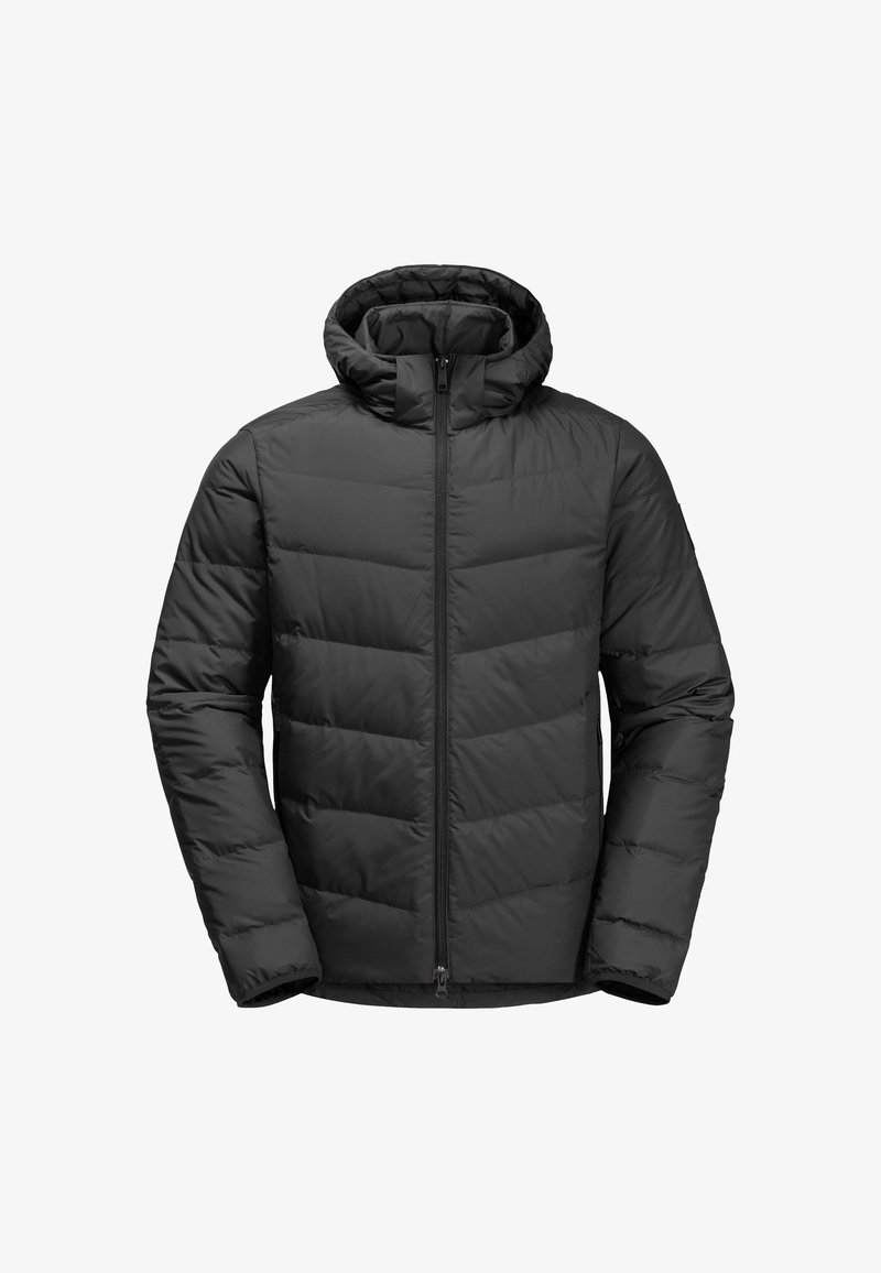Black puffer jacket with a hood, featuring a quilted design, front zipper closure, and elastic cuffs. Lightweight and insulated material.