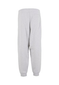 Svetlosivé tepláky s elastickým pásom a manžetami, s jednou zadnou vreckou na pravej strane.