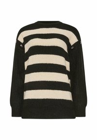 Maglione lavorato a maglia con strisce orizzontali alternate di nero e crema, scollo rotondo e dettagli con bottoni sulle maniche. Tessuto strutturato.