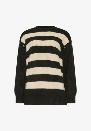 Strickpullover mit abwechselnd schwarzen und cremefarbenen horizontalen Streifen, Rundhalsausschnitt und Knopfdetails an den Ärmeln. Strukturierter Stoff.