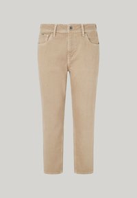 Beige korduroy kalhoty s rovnýcm střihem, designem na pět kapes a kontrastním prošíváním. Obsahují zapínání na knoflík a zip.