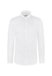 Chemise blanche à manches longues pour homme, avec des boutons sur le devant et un col pointu classique.