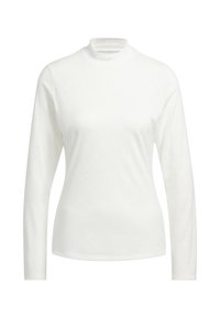 Bílý top s dlouhým rukávem a stojáčkem, vyrobený z měkké látky, s jemným reliéfním vzorem a přiléhavým střihem.