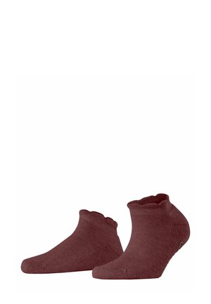 Burgundy ankle socks with a scalloped cuff design, made from a soft, textured fabric, featuring reinforced toe and heel areas.