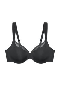 Soutien-gorge noir avec coques moulées, bretelles ajustables et un tissu lisse et extensible. Caractérisé par un éclat subtil et un design sans couture pour une allure épurée.