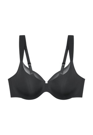 Czarny biustonosz z formowanymi miseczkami, regulowanymi ramiączkami i gładkim, elastycznym materiałem. Charakteryzuje się subtelnym połyskiem i bezszwową konstrukcją, zapewniając smukły wygląd.