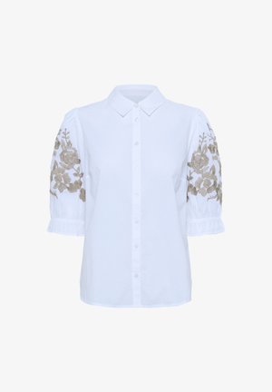 White shirt with short puff sleeves featuring intricate gold floral embroidery. Button-up front and regular collar. Smooth fabric texture.