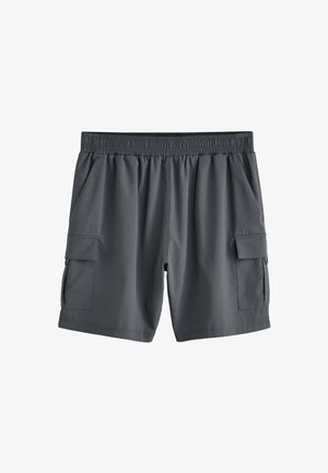 Donkergrijze herenshorts met elastische tailleband, twee zijzakken en cargozakken op elke dij, getoond op een witte achtergrond.