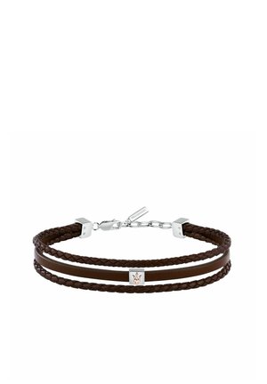 Bracelet en cuir tressé marron avec fermoir en argent, chaîne réglable et pendentif carré central en argent avec le logo trident.