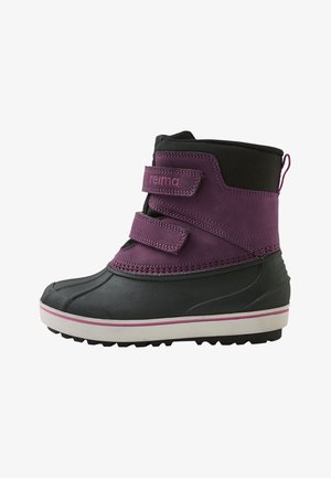 Purple and black waterproof winter boot with two Velcro straps, a textured surface, rubber toe cap, and ridged black sole.