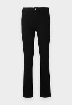 Jeans en denim noir avec une coupe slim, jambes droites, fermeture à bouton à l'avant, passants de ceinture et deux poches avant. Texture lisse et détails minimaux.