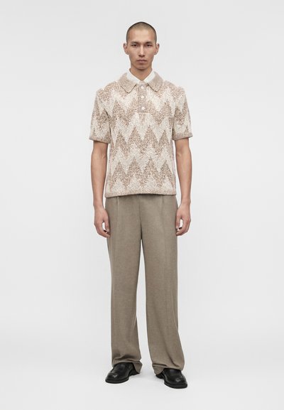 Άνδρας που στέκεται, φοράει μπεζ και καφέ ζιγκ-ζαγκ πλεκτό πόλο με κοντά μανίκια, φαρδιά καφέ παντελόνια και μαύρα παπούτσια, σε λευκό φόντο.