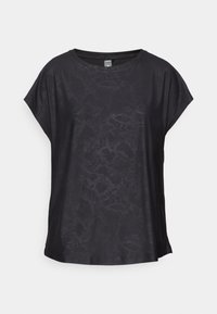 Black short-sleeve top in smooth fabric, featuring a subtle reptile pattern, round neck, and loose fit for ease of movement.