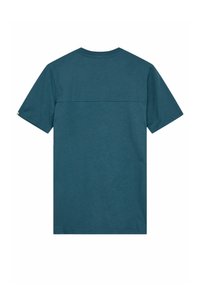 Tricou din bumbac de culoare teal, cu guler rotund și mâneci scurte, textură netedă și spate simplu fără logo-uri sau modele vizibile.