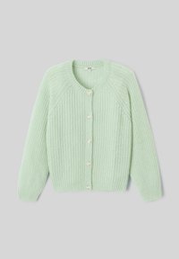 Cardigan tricoté vert menthe avec une texture côtelée, un col rond et des boutons nacrés sur le devant. Il présente des manches raglan et une coupe courte.