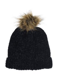Gorro de punto negro con vuelta y un suave pompón de piel sintética marrón en la parte superior. La textura parece esponjosa y acanalada.