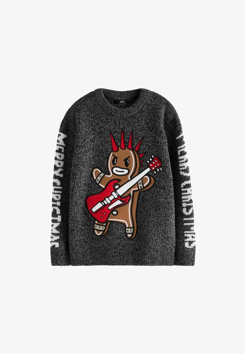 Grijze gebreide trui met een punk-kruidnotenfiguur die een rode gitaar vasthoudt. Bevat de tekst "VROLIJK KERSTFEEST" op de mouwen in het wit.