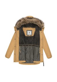 Gul gul jakke med hette fôret med kunstpels. Innvendig har den et mykt sort fôr og flere lommer med et merket elastisk bånd.