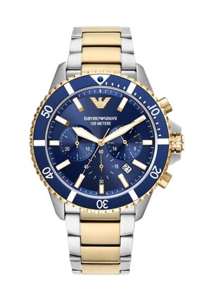 Montre-bracelet en métal or et argent avec un cadran bleu, fonctions chronographe, accents dorés, marqueur de temps écoulé et indicateur de résistance à l'eau.