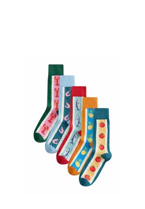 Six colorful socks with seafood and fruit patterns: lobsters, shrimp, fish, lemons, and tomatoes, arranged side by side.