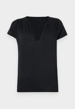 Black short-sleeve t-shirt with a deep V-neck and five decorative buttons along the neckline. Smooth fabric with a relaxed fit.