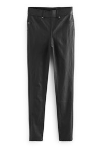 Zwarte nepleerleggings met een rekbare tailleband, een lichte glans en zonder zichtbare bevestigingen of zakken. Gladde textuur, strakke pasvorm.