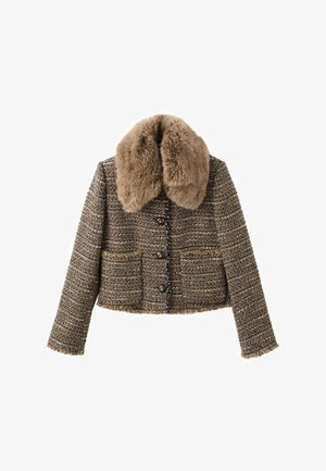 Brown tweed jacket with faux fur collar. Features a cropped design, two front pockets, and five dark buttons. Textured fabric with subtle patterns.