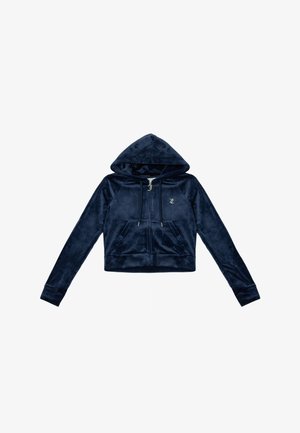Felpa corta di velluto morbido di colore blu navy. Presenta una chiusura lampo frontale, due tasche anteriori e cordini regolabili sul cappuccio.
