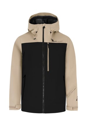 Beige en zwarte softshell jack met capuchon, centrale rits, borst- en handzakken met rits, en verstelbare polsbanden.