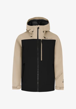 Beige und schwarze Softshelljacke mit Kapuze, zentralem Reißverschluss, Brust- und Handtaschen mit Reißverschluss sowie verstellbaren Handgelenkriemen.