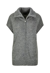 Gilet en tricot gris avec un col montant, des manches courtes et une fermeture éclair à l'avant. Présente une finition texturée et des détails de bord côtelé.