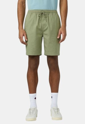 Uomo che indossa pantaloncini verde chiaro con coulisse, calzini bianchi a coste con loghi e scarpe da ginnastica bianche, in piedi davanti a uno sfondo semplice.