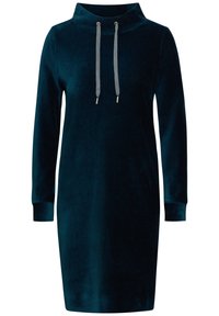 Abito di velluto in un profondo verde bluastro, con colletto alto e cordoncini, maniche lunghe e una texture a coste. Fit casual con un taglio a lunghezza ginocchio.