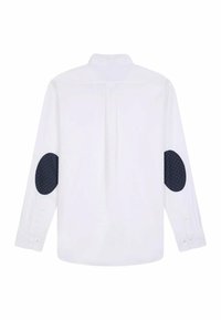 Chemise blanche à manches longues avec des coudières à motif bleu foncé, poignets à bouton et un pli au dos pour plus de style et de confort.