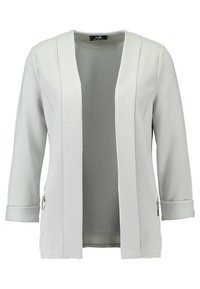 Cardigan a maglia grigio chiaro con strisce testurizzate, apertura frontale, maniche a tre quarti e dettagli con cerniera laterale. Design morbido e versatile.